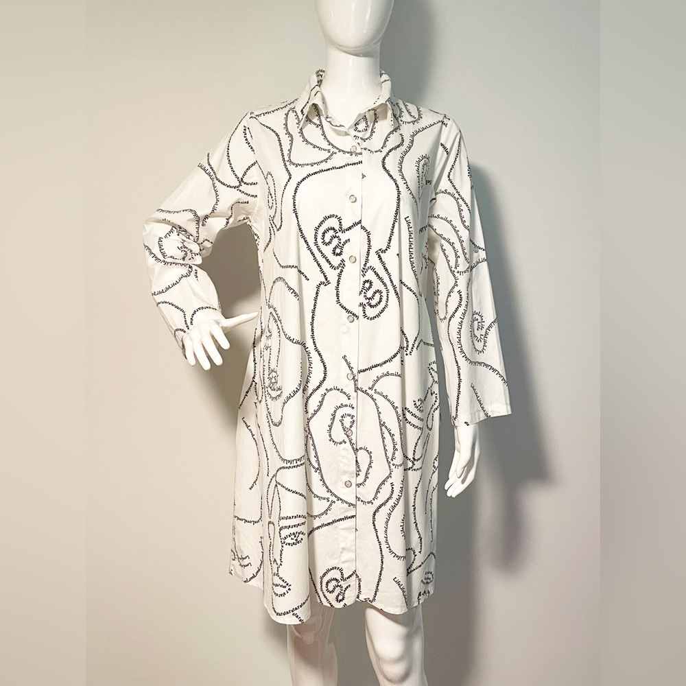 AQRL cotton dress. Affirmations in shape of faces. Black white button down dress